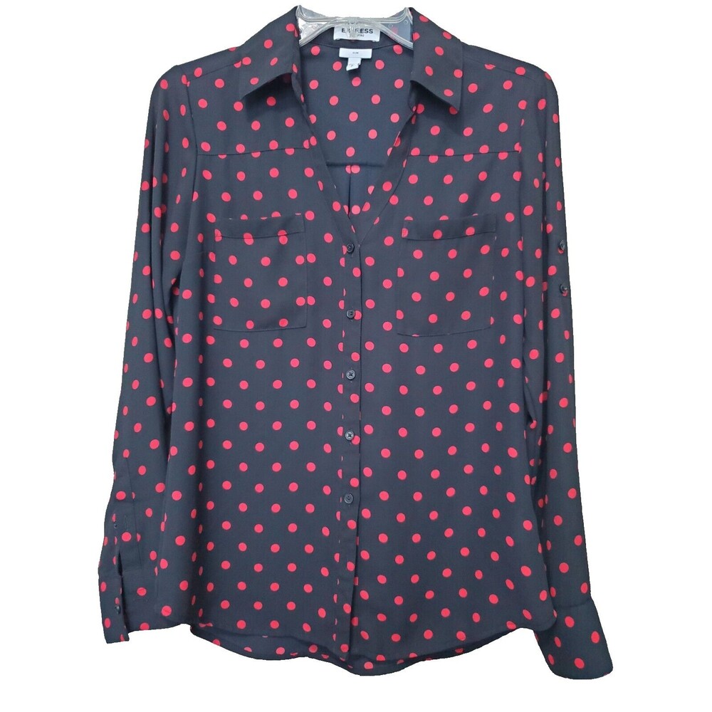 Express Portofino Slim Black w/Red Polka Dots Roll-Tab Sleeve Button-Up Shirt S